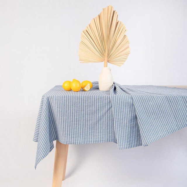MONDAY MOOSE Striped Farmhouse Picnic Style Decoration Rectangle Natural Stonewashed Cotton Tablecloth for Kitchen, Dining Room, Restaurant (60x102 inch, Blue/White Stripes)