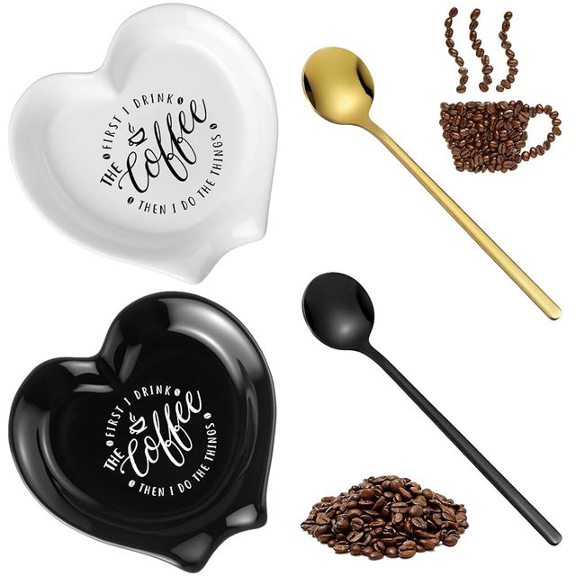 FoldTier 2 Pcs Ceramic Coffee Spoon Rest with Spoon Small Heart Black White Stirrer Holder First I Drink Coffee Then I Do Things Bar Station Accessories Decoration Christmas Lover Gift Essential