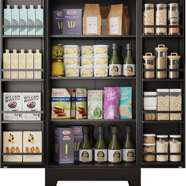 risuoge 51" H Tall Metal Kitchen Pantry Storage Cabinet, Freestanding Storage Cabinets with Magnetic Doors and Adjustable Shelves, Black Metal Pantry Cabinet for Dining Room and Living Room.