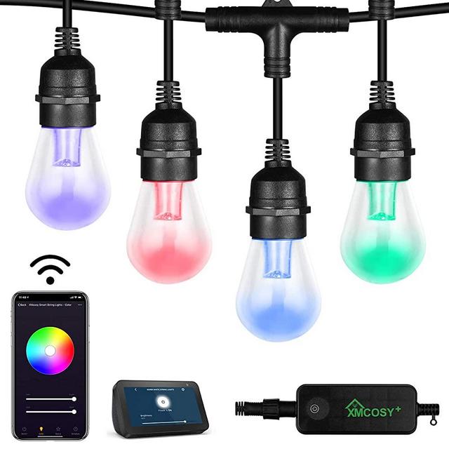 Outdoor String Lights – Patio Lights RGBW LED Lights Smart String Lights Christmas Outdoor 2.4GHz Wi-Fi Controlled 15 Edison Bulbs 49 Ft Colored String Lights Works with App & Alexa IP65 Waterproof