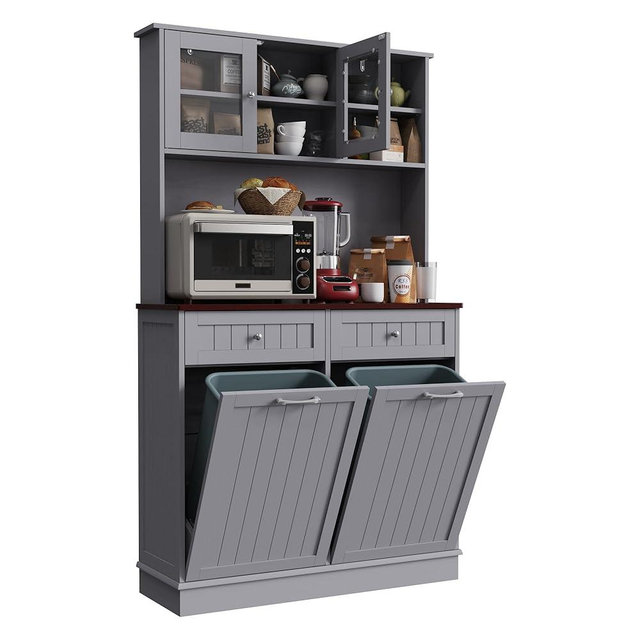 KIGOTY 68" Kitchen Pantry Storage Cabinet,20 Gallon Trash Cabinet with Microwave Stand, Tall Kitchen Cupboard,Pantry Cabinets with Doors and Shelves for Kitchens (Grey-Double)
