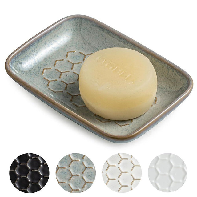 Gomakren Soap Dish for Shower, Ceramic Bar Soap Holder with Honeycomb Design - Soap Saver Tray for Bathroom Kitchen Sink, Sponge & Organizer Tray, Upscale Look, 5.5 Inch, Gray