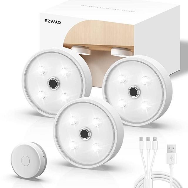 EZVALO Puck Lights with Remote, Group Control Under Cabinet Light Wireless, Rechargeable Battery Powered Light, Under Counter Lights for Kitchen, Closet, Under Cabinet Lighting (3 Pack)