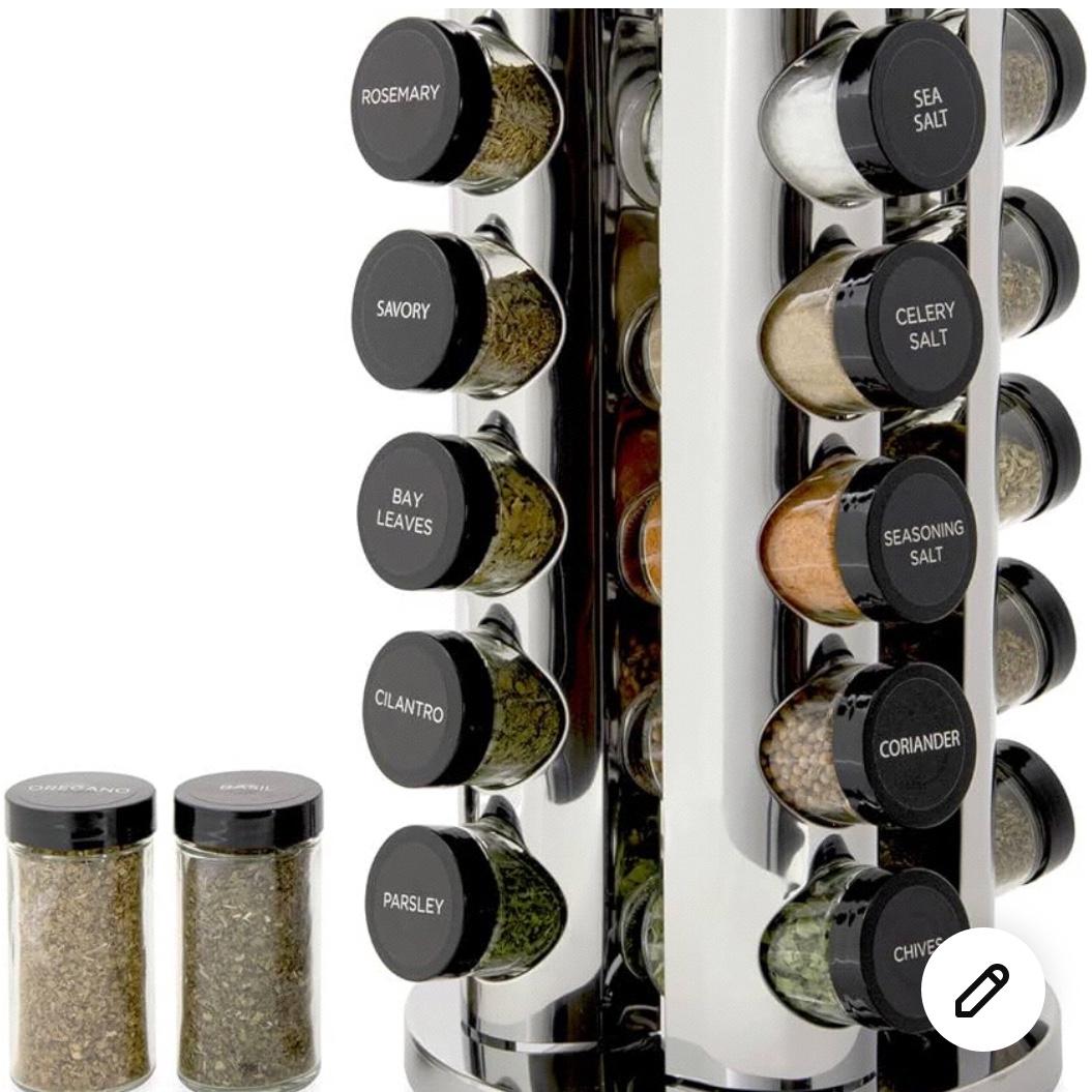 Kamenstein 20 Jar Revolving Countertop Spice Rack with Spices Included, FREE Spice Refills for 5 Years, Polished Stainless Steel with Black Caps, 30020