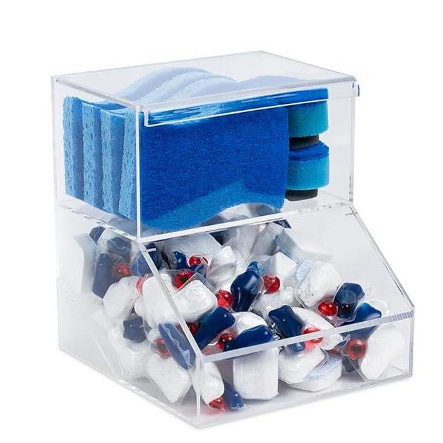 IneVibe Dishwasher Pods & Sponge Holder w/Lids - 2 Compartment Acrylic Storage Container for Detergent Tablet Sink Organization, Dryer Sheet/Laundry