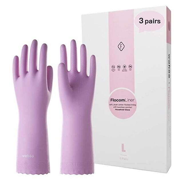 wahoo 3 Pairs PVC Dishwashing Cleaning Gloves, Skin-Friendly, Reusable Kitchen Gloves with Cotton Flocked Liner, Non-Slip, Medium