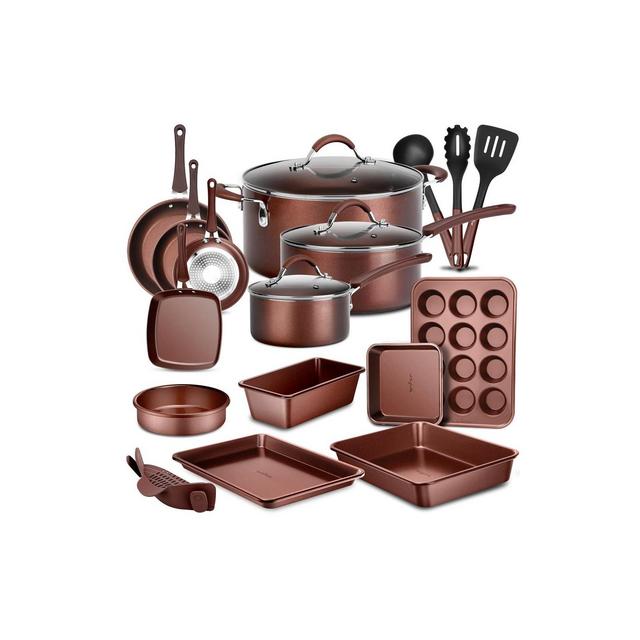 NutriChef 20-Pc. Nonstick Kitchen PTFE/PFOA/PFOS-Free Heat Resistant Silicone Handles Cookware Bakeware Set w/Saucepan, Brown