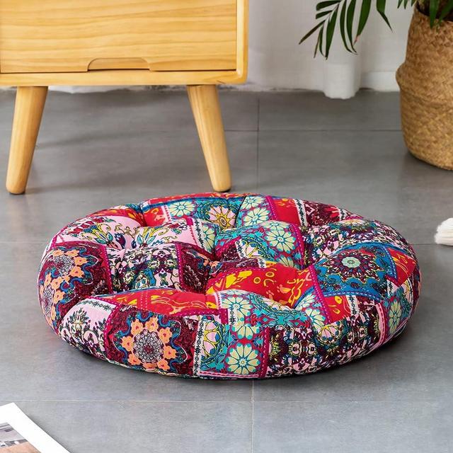 HIGOGOGO Boho Meditation Pillow for Floor, Round Bohemian Mandala Floor Seating, Cotton Linen Cushion for Yoga Living Room Balcony Kids Playing Room Party Outdoor Decoration, Red, 22x22 Inch