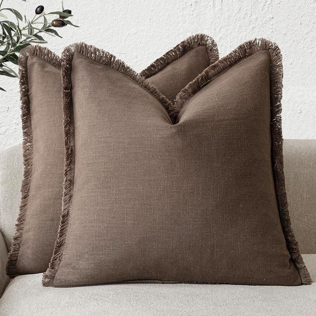 Foindtower Set of 2 Decorative Linen Fringe Throw Pillow Covers Boho Farmhouse Cushion Cover with Tassels Soft Accent Pillowcase for Couch Sofa Bed Living Room Home Decor,24×24 Inch,Reddish Brown