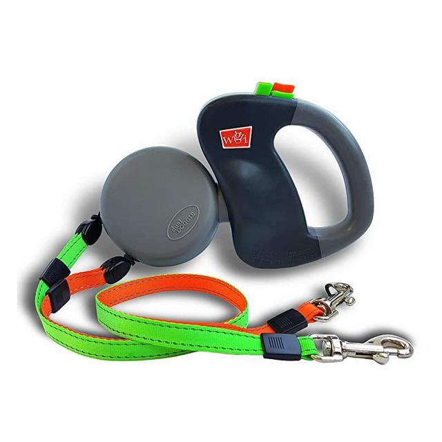 WIGZI (2) Two Dog Reflective Retractable Pet Leash – 360 Degree Zero Tangle Patent - Two Dogs Each up to 50 lbs and 10ft. Reflective Orange and Green Leads. Dual Locking