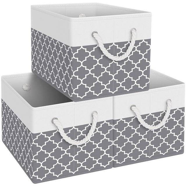 Fab totes Storage Bins [3-Pack], Foldable Storage Baskets for Organizing Toys, Books, Shelves, Closet, Large Storage Box with Rope Handles, Sturdy Organizer Bins,Clover Grey