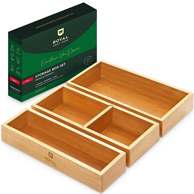 Luxury Bamboo Drawer Organizer Storage Box, Bin Set - Multi-Use Drawer Organizer for Kitchen, Bathroom, Office Desk, Makeup, Jewelry (3 Boxes)