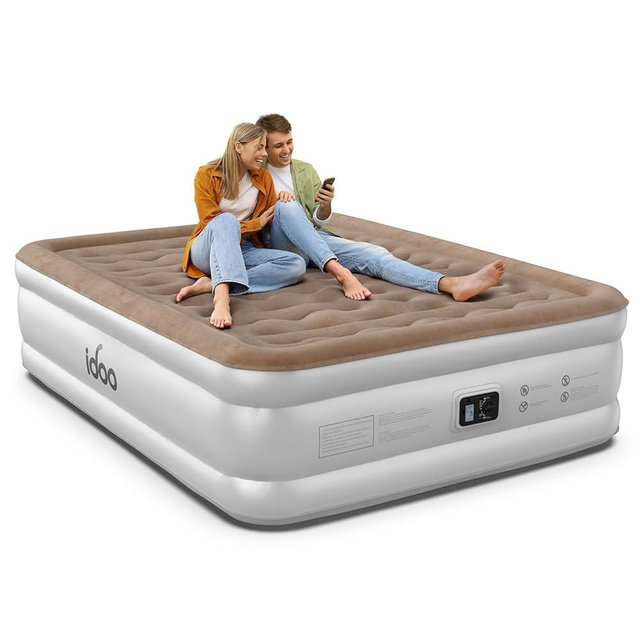 iDOO Queen Air Mattress with Built in Pump, Upgraded Inflatable Blow up Mattress for Camping, Home & Guest, Durable Comfort Wave Beam Strong Support Air Bed Queen Size, Colchones Inflables