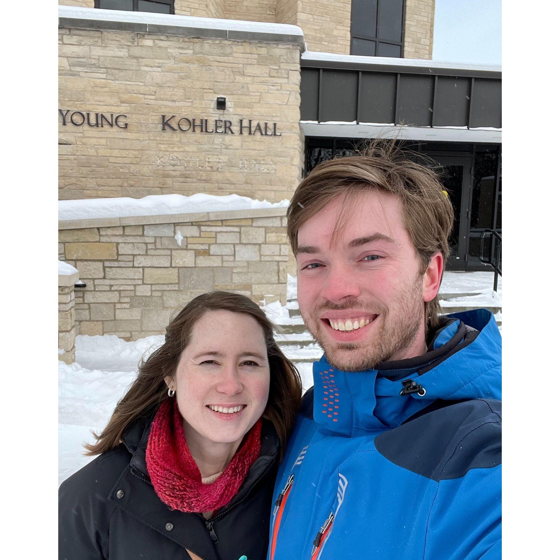 Right after the proposal weekend (Feb 2025), we stopped by Lawrence University and our old dorm building where we first met!