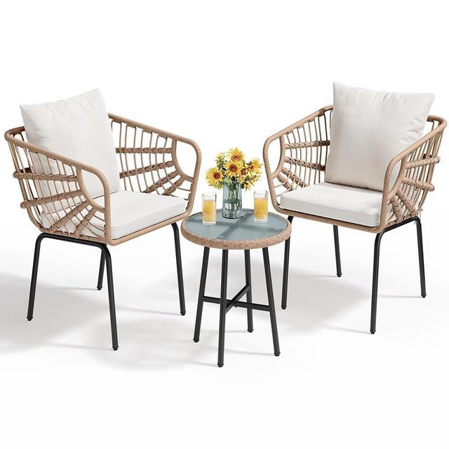 YITAHOME 3-Piece Outdoor Wicker Patio Conversation Bistro Set, All-Weather Furniture Set with Table & Cushions, Outdoor Sectional Sofa for Balcony, Backyard, Deck, Beige