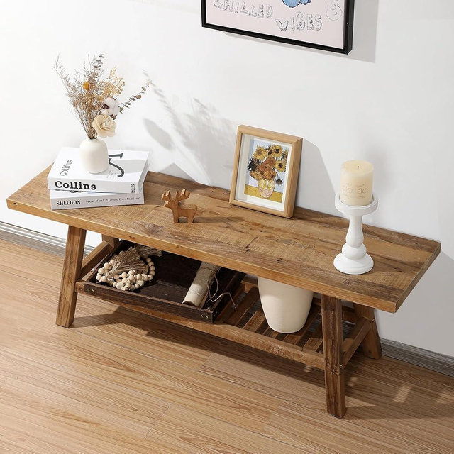 HOKYHOKY Solid Wood Bench-43.3" Farmhouse Entryway Bench with Storage Shelf, Narrow Rustic Bench for Hallway, Kitchen, Bedroom, Dining