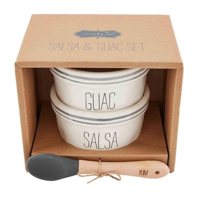 Mud Pie Bistro Salsa and Guac Set, ramekin 2 1/2" x 4" dia | spoon 5", WHITE