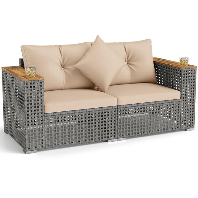 Tangkula 62.5" Large Patio Wicker Loveseat with Acacia Wood Armrests & Cup Holders, Outdoor 2-Piece Rattan Corner Sofa with Cushions, Sectional Conversation Set for Garden Backyard Porch Balcony