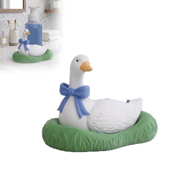 Goose Soap Holder Compatible with Bath & Body Works Foaming Hand Soap | Bathroom Countertop Accessory | Cute Blue Bow Design | Sturdy Base Protection | Novelty Soap Dispenser Stand