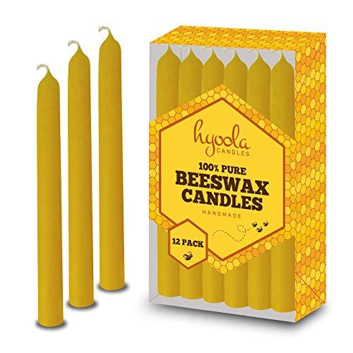 Hyoola Beeswax Taper Candles 12 Pack – Handmade, All Natural, 100% Pure Scented Bee Wax Candle - Tall, Decorative, Golden Yellow – 7 Hour Burn Time