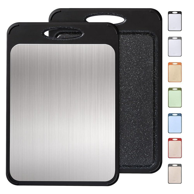 Stainless Steel Cutting Board, Best Non Toxic Cutting Boards for Kitchen, Double Sided Metal Chopping Board for Meat/Vegetables, Stainless Steel/Wheat Straw PP, Kitchen Gifts Easy to Clean 16”×11”