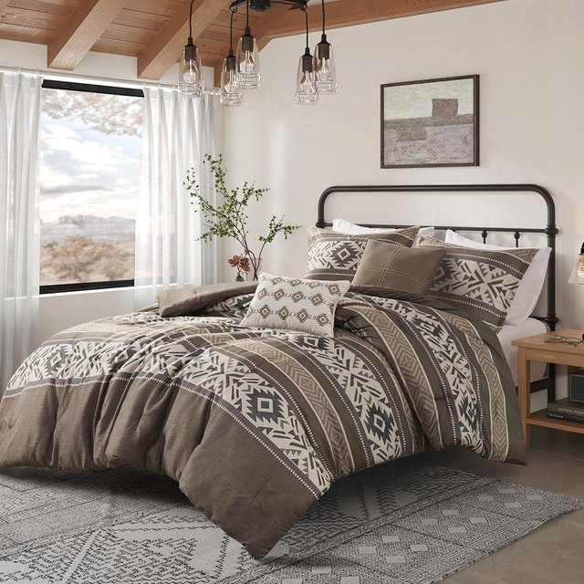 Madison Park King Comforter Set, Stripes Herringbone Southwestern Boho Comforters King Size, All Season Lightweight & Fluffy Microfiber Bed Set, 2 Décor Pillows, Mariposa, King/Cal King Brown 5 Piece