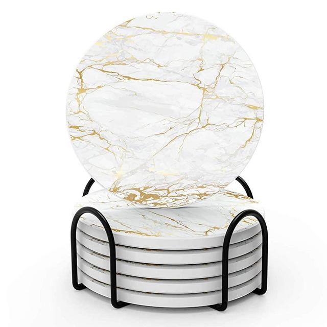 Drink Coasters with Holder, Absorbent Coaster Sets of 6, Marble Style Ceramic Drink Coaster for Tabletop Protection,Wooden Table，Suitable for Kinds of Cups