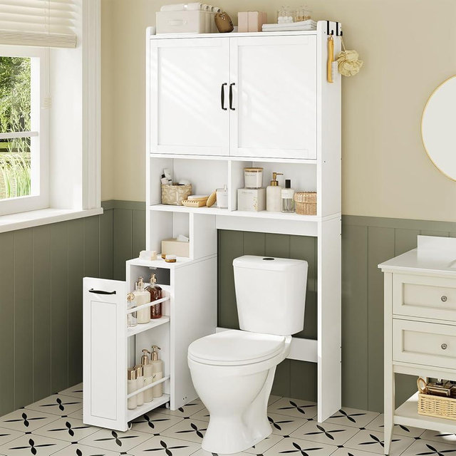 UPOSOJA Over The Toilet Storage Cabinet with Pulley Small Bathroom Storage Cabinet, Space Saver W/Adjustable Shelf & Open Shelf for Bathroom, Restroom, Laundry (White)