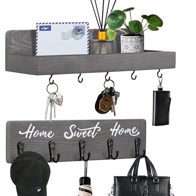OurWarm 2PCS Mail and Key Holder for Wall Decorative, Wooden Key Hanger with 10 Key Hooks for Wall, Mail Organizer Wall Mount with Key Rack, Rustic Home Entryway Decor for Hallway Office-Grey