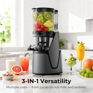 Juicer Machines, 3-in-1 Cold Press Juicer with 6.5" Extra Large Chute, 100oz Large Capacity, AC Motor, Makes Juice, Nut Milk & Sorbet, Premium Gray