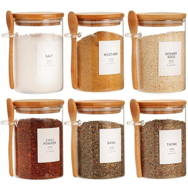 HHMJSM 6 Pcs Glass Jar with Bamboo Lid and Spoon - 17 oz Large Sugar Container with 148 Kitchen Pantry Spice Jar Labels Preprinted - Glass Containers with Wooden Lids Hold Coffee, Tea, Candy