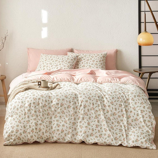 Wake In Cloud - Floral Comforter Set with Sheets, Coquette Cottagecore Aesthetic Flower Shabby Chic Pattern for Women Teen Girls, 7 Pieces Bed in a Bag, Peach Blush, Queen Size