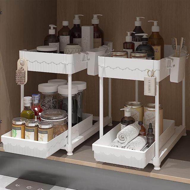 SevenBlue 2 Pack Under Sink Organizers and Storage, 2 Tier Sliding Bathroom organizer,Multi-Use Under Kitchen Cabinet Storage Shelf (White 2Pack)