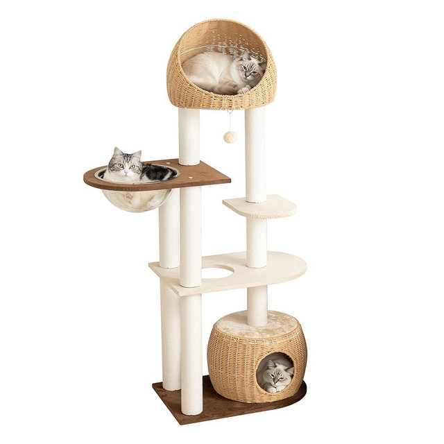 PETTIFUL Modern Cat Tree for Large Cat, 60-Inch Tall Cat Tower with Scratching Post for Indoor Cats, Multi-Level Cat Condo with Hand-Woven Cat Bed and Acrylic Bowl (Brown-Particle Board)