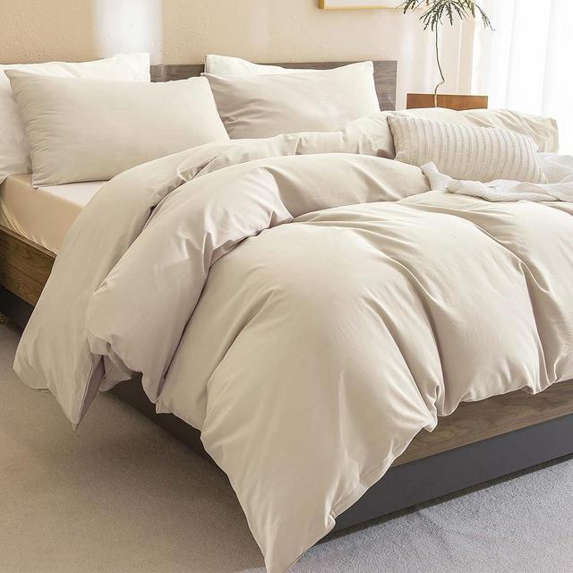 Sanracie 100% Cotton Comforter King Size,Solid Color Bedding Comforter Set Linen Feel Textured 3 Pieces(1 Wheat Bed Comforter + 2 Pillowcases) Soft Lightweight Fluffy Neutral King Bedding All Season