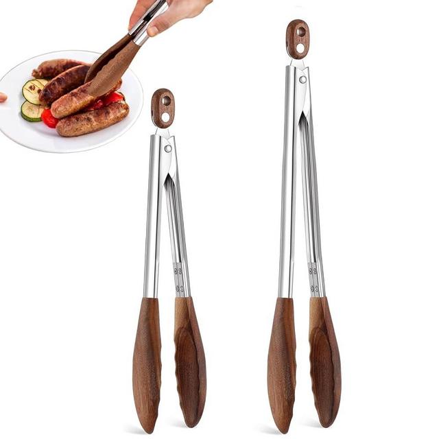 Wooden Tongs for Cooking & Serving Food, Stainless Steel Salad Tongs with Walnut Wood Tip, Anti-Slip Long Handle Wooden Kitchen Tongs Heat Resistant, Smooth Locking & Hanging Cooking Utensils Set of 2