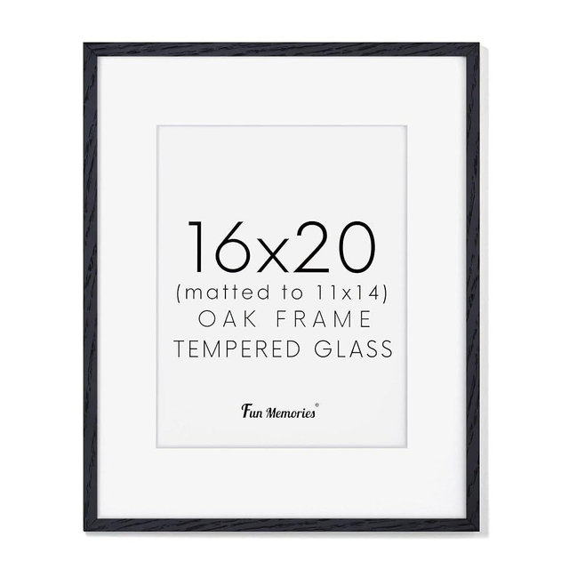 Fun Memories 16x20 Picture Frame - Black Oak Wood Poster Frame with Mat for 11x14, Tempered Glass, Easy to Hang