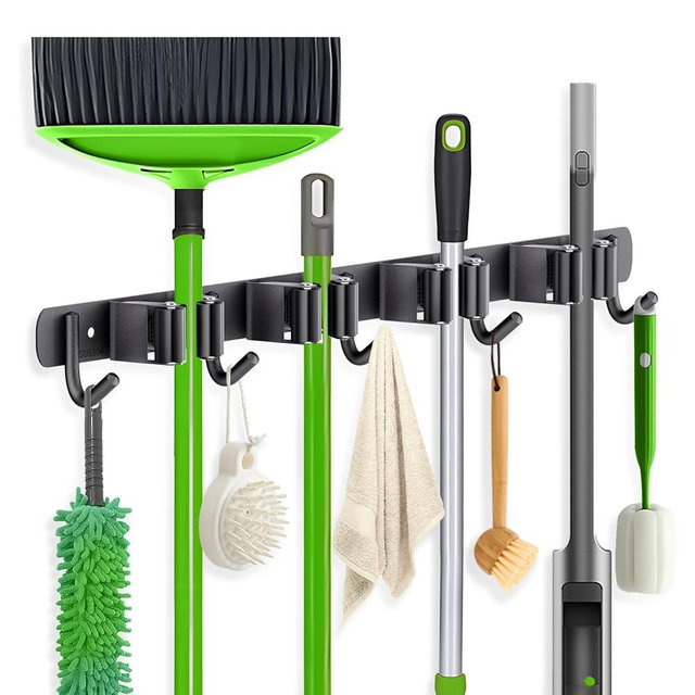 ZONGOOL 4 Racks and 5 Hooks Broom Holder Wall Mount Mop Hanger Wall Mount Metal Organization Tool Organizer Wall Hanging for Home Kitchen Garden Laundry Garage (Black)