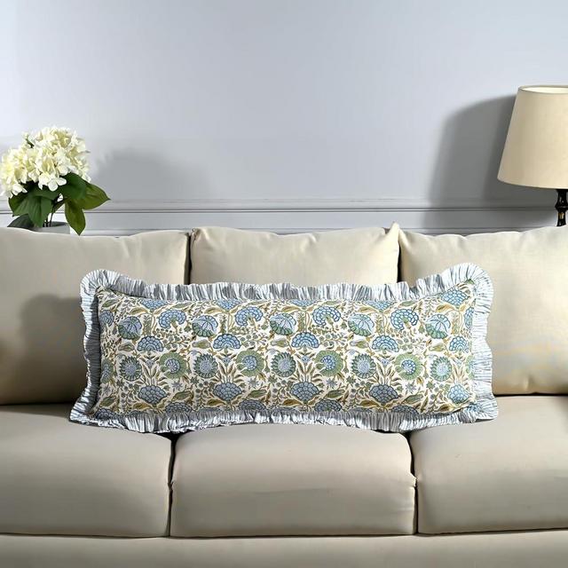 Ridhi Asparagus Green 100% Cotton Block Print Ruffle Sham Cover Handmade Boho Floral Pillowcase, Farmhouse Cottagecore Bedding, Soft Decorative Cushion Cover for Bedroom Décor 14 x 36 Inch