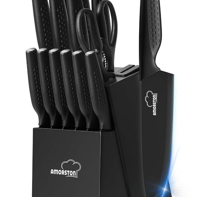 Knife Set, 15 Pieces Kitchen Knife Set with Built in Knife Sharpener Block, Dishwasher Safe, German Stainless Steel Knife Block Set, Elegant Black