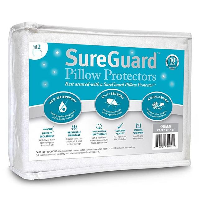 Set of 2 Queen Size SureGuard Pillow Protectors - 100% Waterproof, Bed Bug Proof, Hypoallergenic - Premium Zippered Cotton Terry Covers - 10 Year Warranty