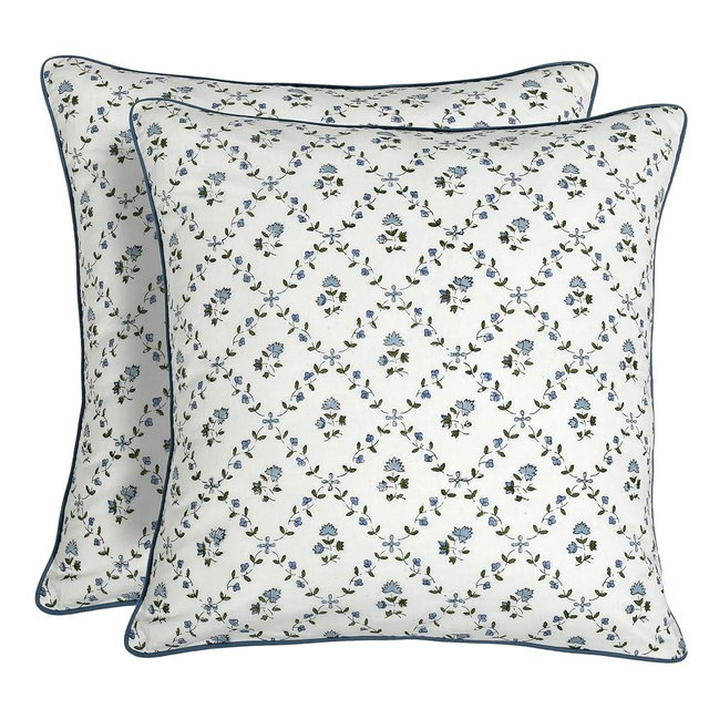 Ridhi Powder Blue Block Print Preppy Grandmillennial Pillow Cover Set of 2-18" x 18" Throw Pillow for Home White Floral Pillow Cover Grandmillennial Home Decor Thanksgiving