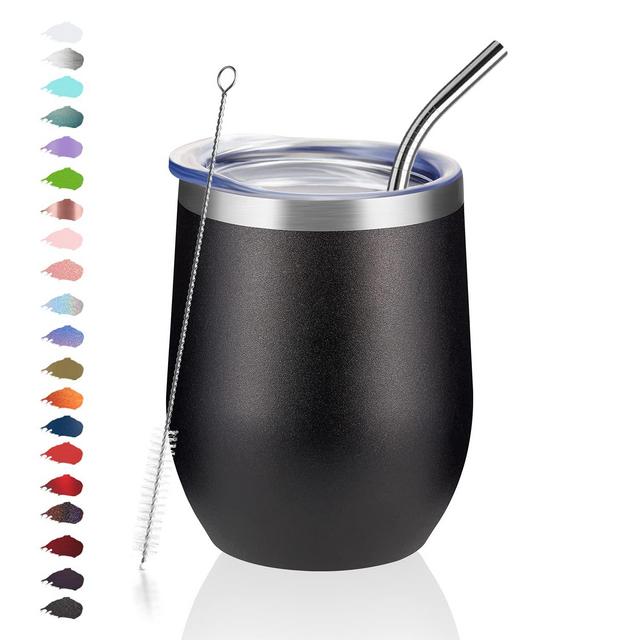 COKTIK 12oz Wine Tumbler with Lid Stemless Insulated Wine Glasses Double Wall Vacuum Stainless Steel Travel Tumbler for Cold Hot Drinks Wine Coffee Cocktails, Black