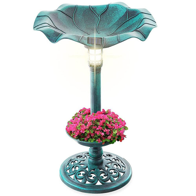 Best Choice Products Outdoor Solar Lighted Pedestal Bird Bath Fountain Decoration w/Planter, Integrated Panel, Scroll Accents for Lawn, Garden - Green