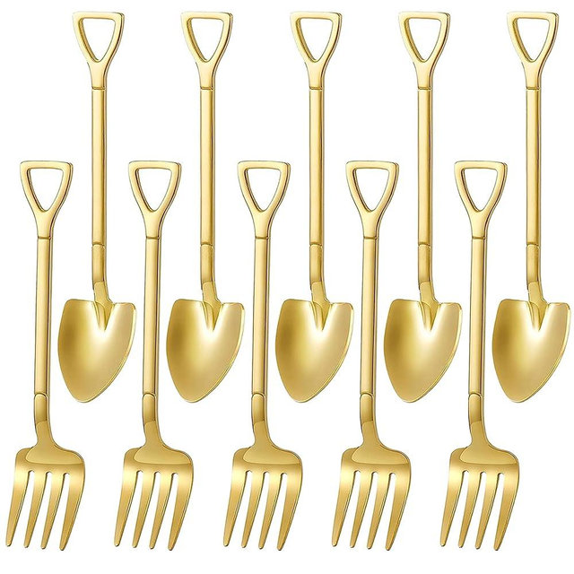 Comicfs 10 Pcs 4.7 Inches Tableware Gold Shovel Shape Coffee Spoon Fork Set, Little Demitasse Espresso Spoon and Appetizer Dessert Forks Set, Tea Spoons Set (5 Spoons 5 Forks, Gold)