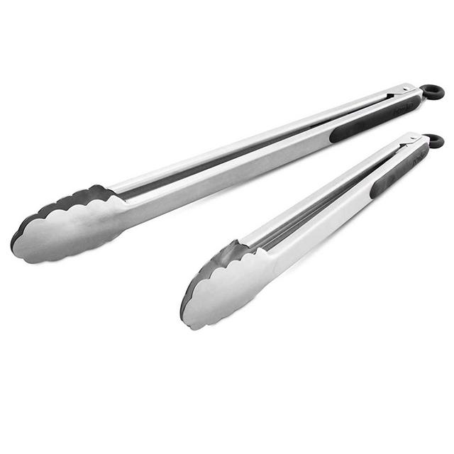 304 Stainless Steel Kitchen Cooking Tongs, 12" and 14" Set of 2 Sturdy Grilling Barbeque Brushed Locking Food Tongs with Ergonomic Grip, Black