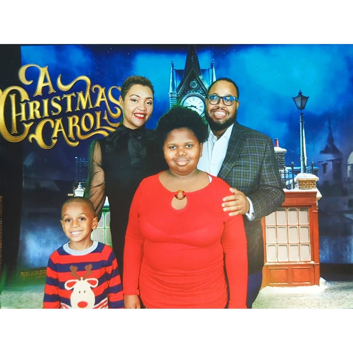 Karen wanted to dress-up and see her cousin Neil in A Christmas Carol. We had Carl's niece, Aashanti, and nephew, Ethan, with us.
