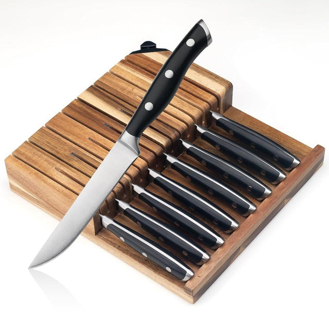 Alata 8-Piece Steak Knives Set with Acacia Block Built-in Sharpener, 4.7 Inch Non Serrated Razor-Sharp Dinner Knives, Full-Tang Construction