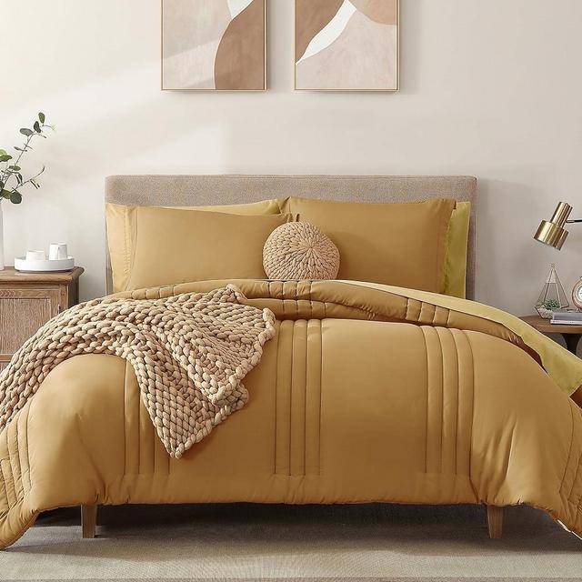 Monbix Queen Size Comforter Sets,Queen Bedding Set 7 Pieces, All Seasons Comforters,Fluffy Bed Set Warm Bed in A Bag Queen with Sheets(Desert Yellow, Queen, 90''x90'')