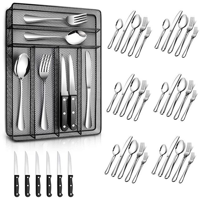 Teivio 36 Piece Silverware Set, Flatware Utensils Set Mirror Polished, Dishwasher Safe Service for 6, Include Knife/Fork/Spoon/Steak Knife/Wire Mesh Steel Cutlery Storage Trays (Silver)